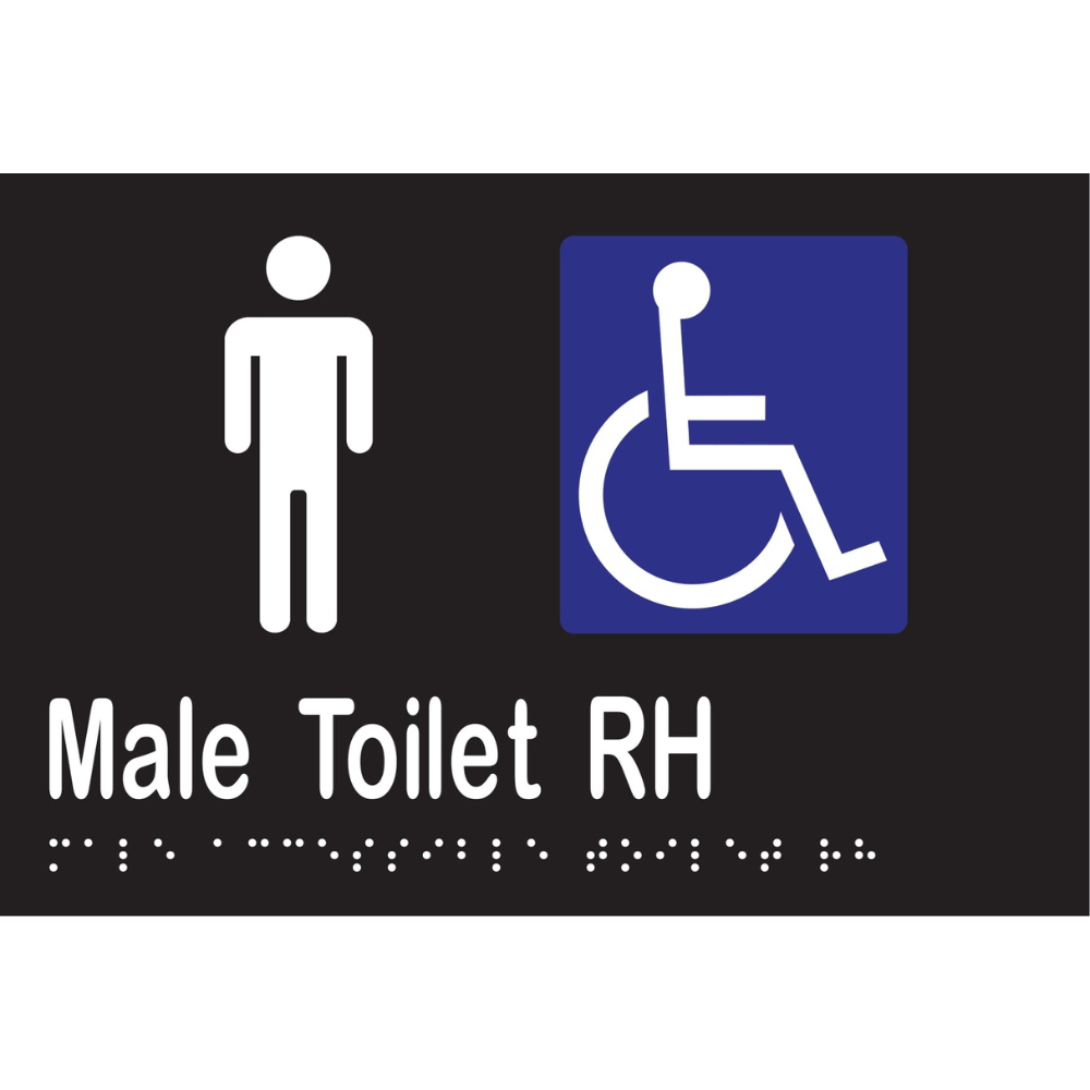 Vinyl Male Acc Toilet RH Braille Sign, Finish: Black with White Infill