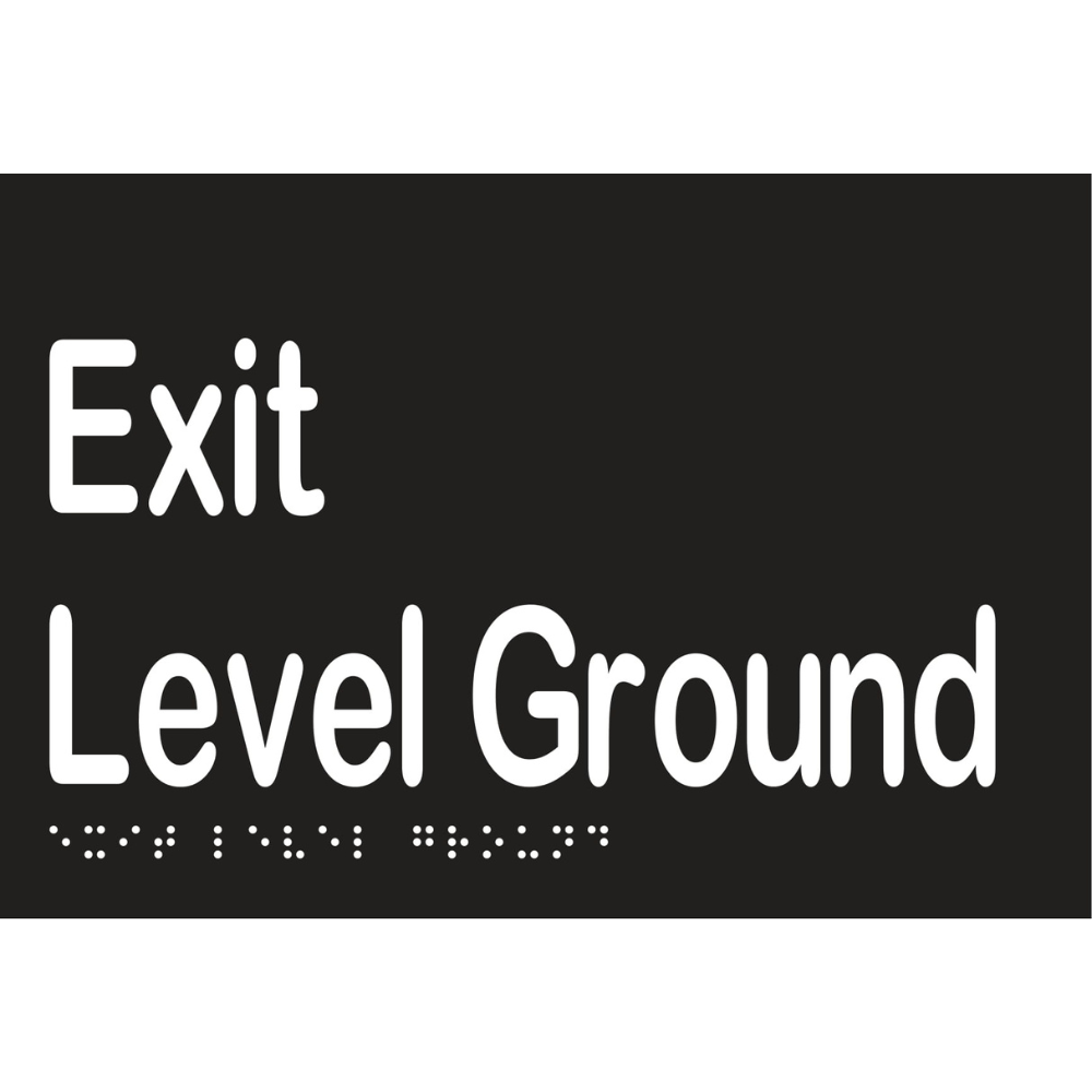 Vinyl Exit Level Ground Braille Sign, Finish: Black with White Infill