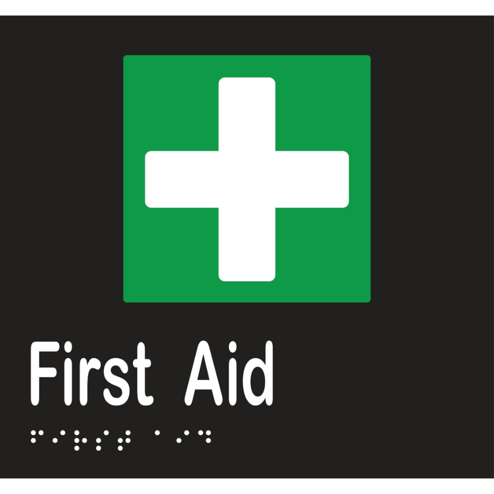 Vinyl First Aid Braille Sign, Finish: Black with White Infill