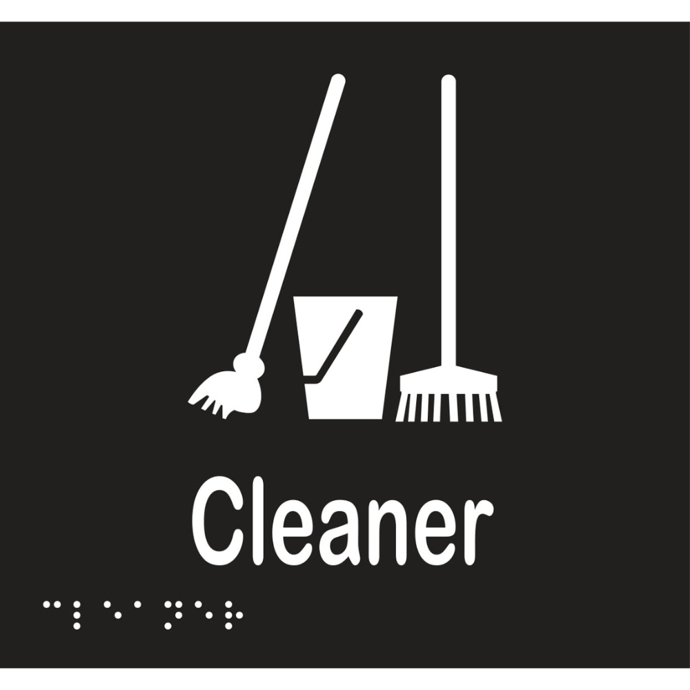 Vinyl Cleaner Braille Sign, Finish: Black with White Infill