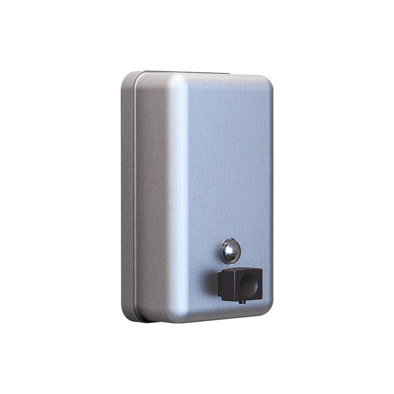 Vertical Button Pump Soap Dispenser in Satin Stainless Steel