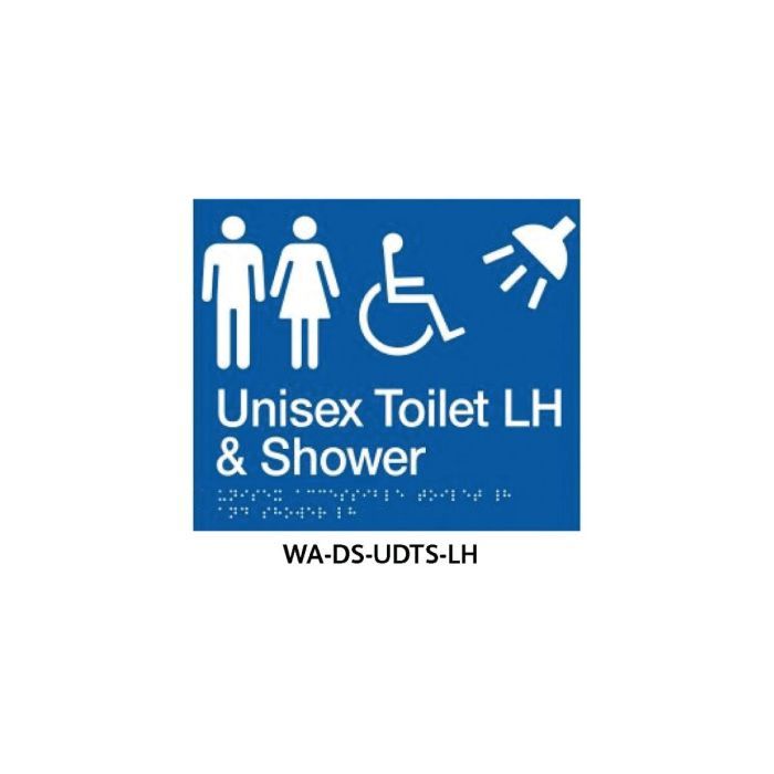 Plastic Door Sign With Braille for Unisex Accessible Toilet and Shower, Finish: Blue, Option: Grab Rail on Left-Hand