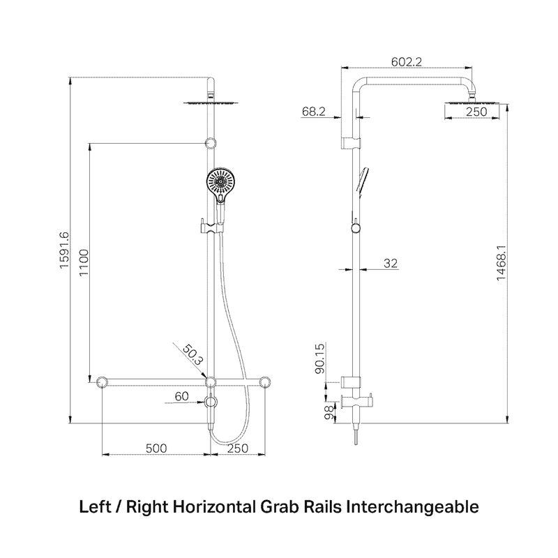 Mecca Care 32mm T Bar Grab Rail 1100x750mm Twin Shower Set