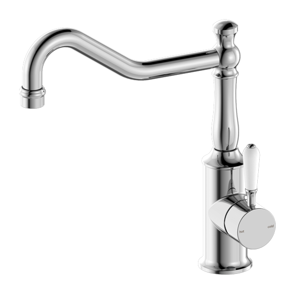 York Kitchen Mixer Hook Spout, Finish: Chrome, Option: White Porcelain Lever