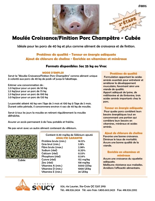 Moulée Croissance/Finition Porc Champêtre - Cubée 25 kg