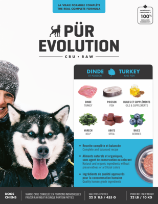 PUR EVOLUTION Nourriture crues – Dinde et Poisson pour chien
