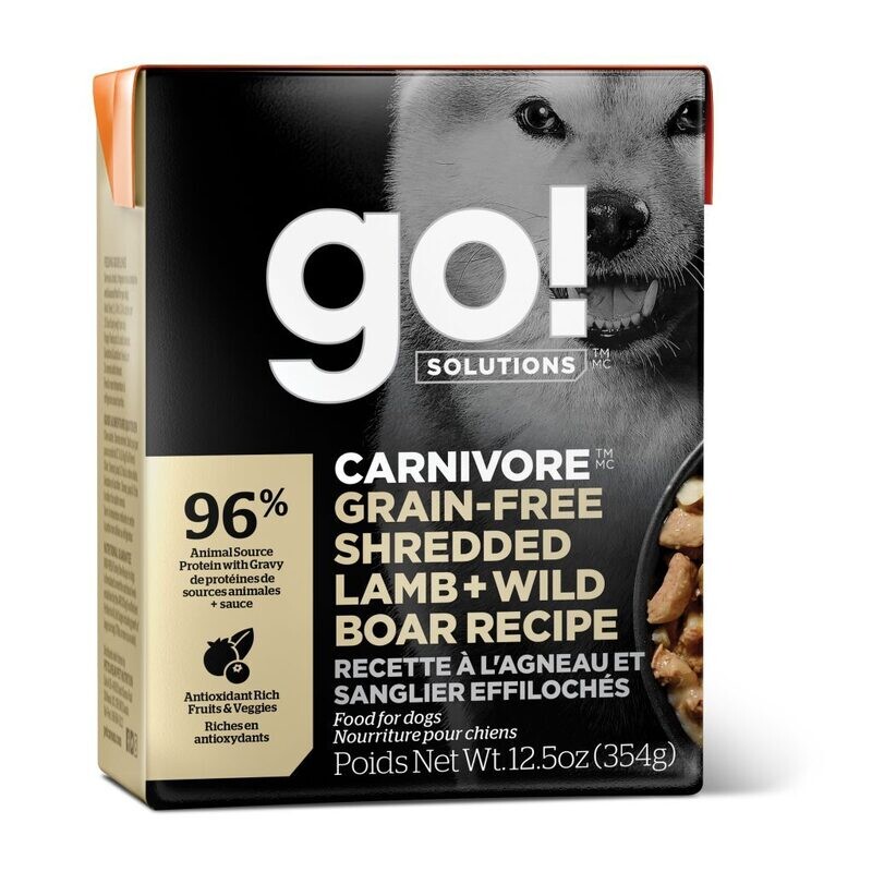 GO! Nourriture en Tetra Pack –AGNEAU ET SANGLIER EFFILOCHÉS Carnivore sans-grains pour chien 354g