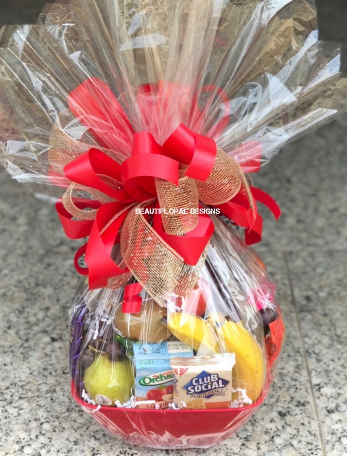 Fruit, snacks, cheese &amp; crackers basket