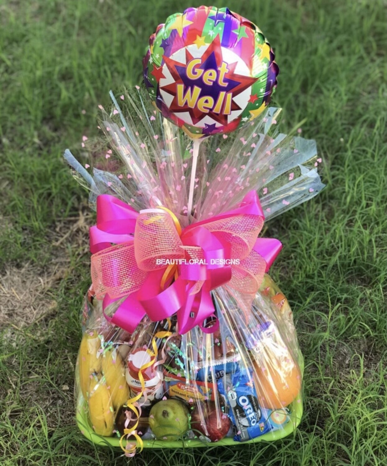 Fruit &amp; snacks basket w/ Get Well balloon