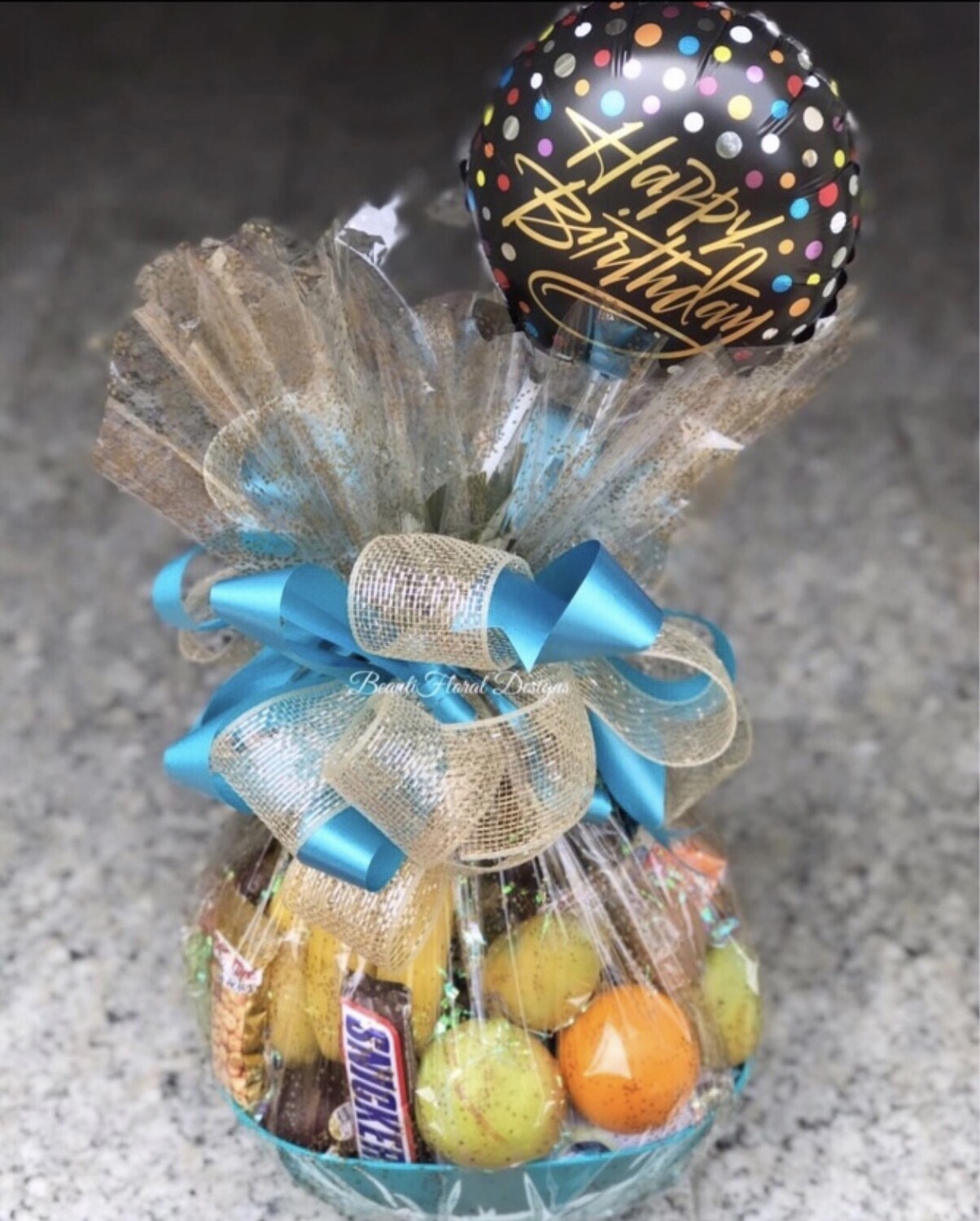 Fruit &amp; snacks basket w/ balloon