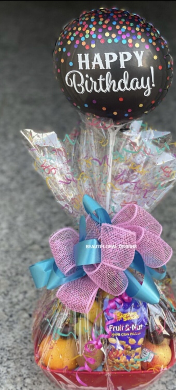 Fruit &amp; snacks basket with 9” balloon