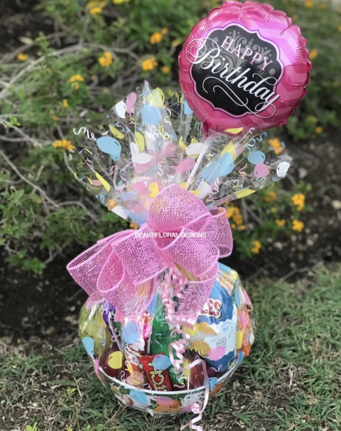 Fruit &amp; snacks basket w/ balloon