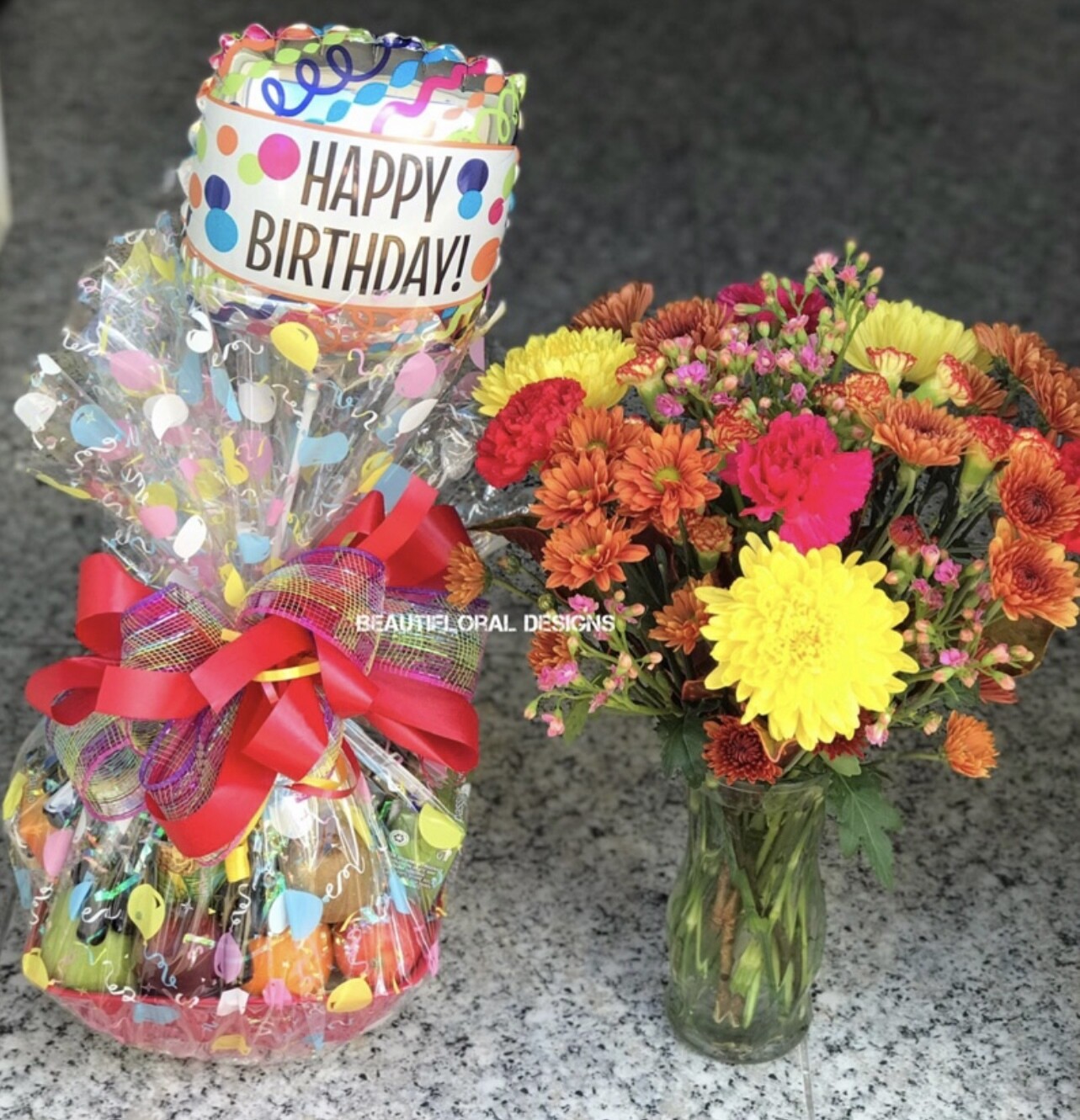 Combo- fruit &amp; flowers w/ birthday balloon