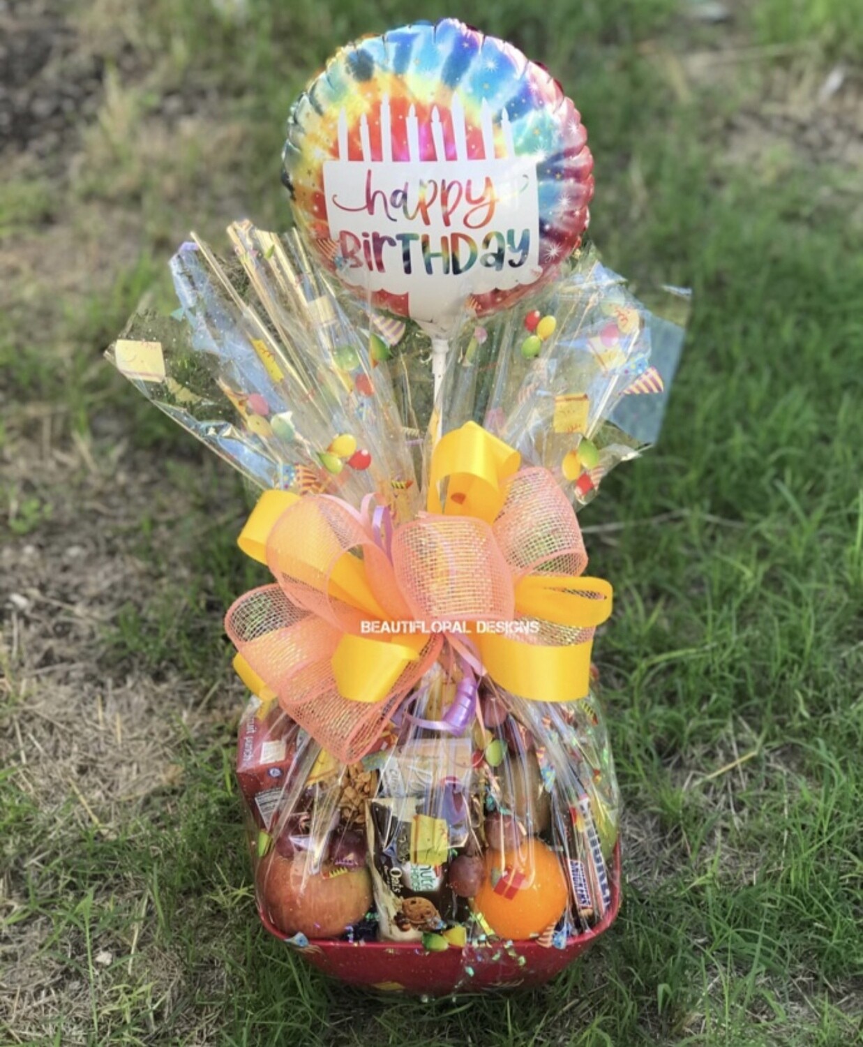 Fruit and snacks basket w/ birthday balloon