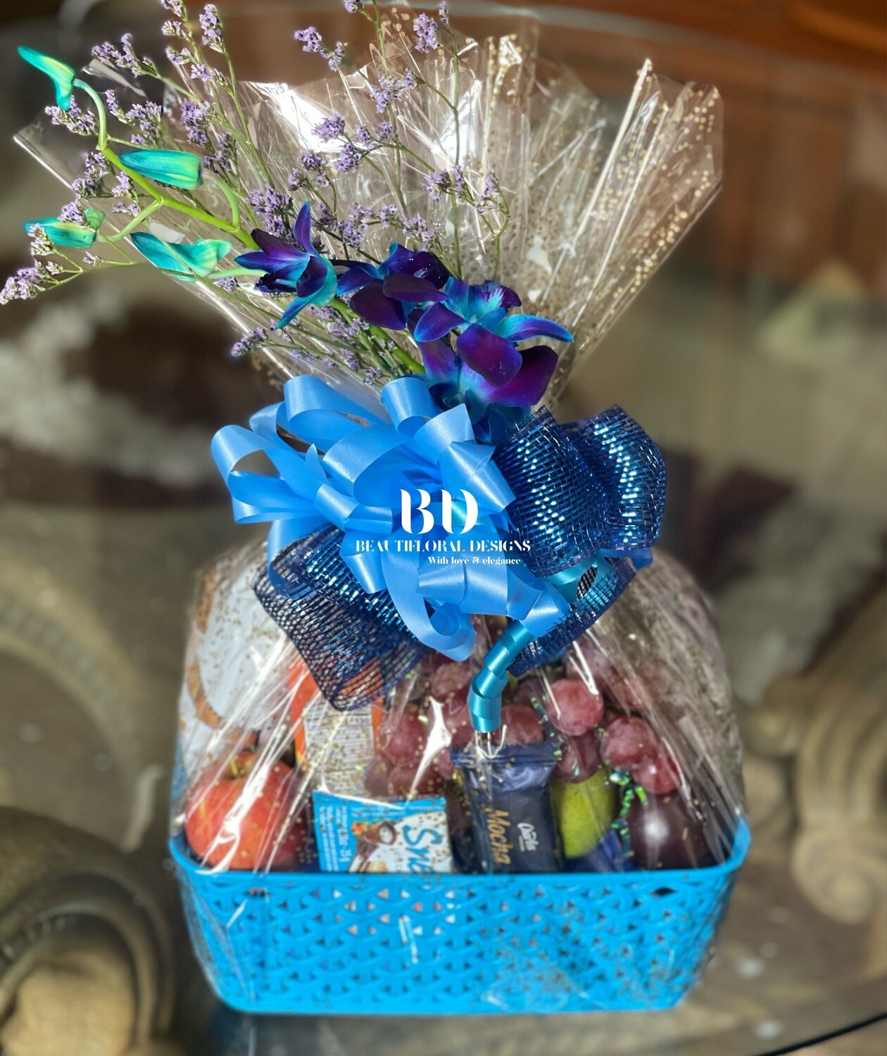 Fruit &amp; snacks basket w/ orchid