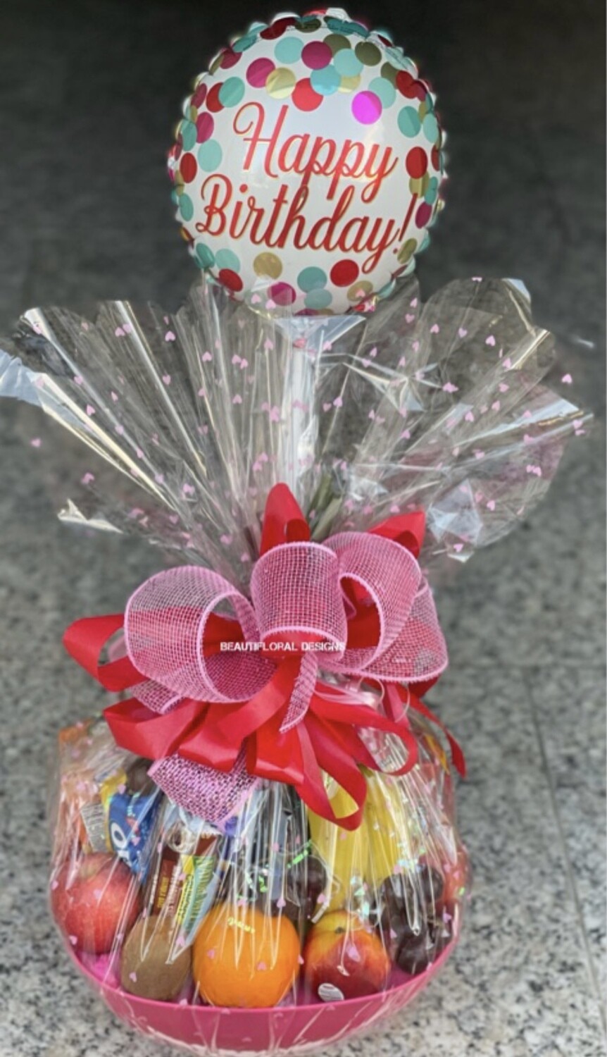 Fruit &amp; snacks basket with birthday balloon