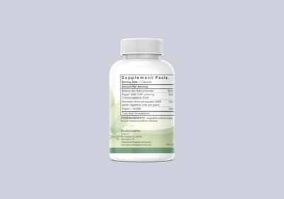 A white supplement bottle displaying nutritional information, including ingredients like Betaine, Papain, and Bromelain on a soft gray background. By Dietary H™