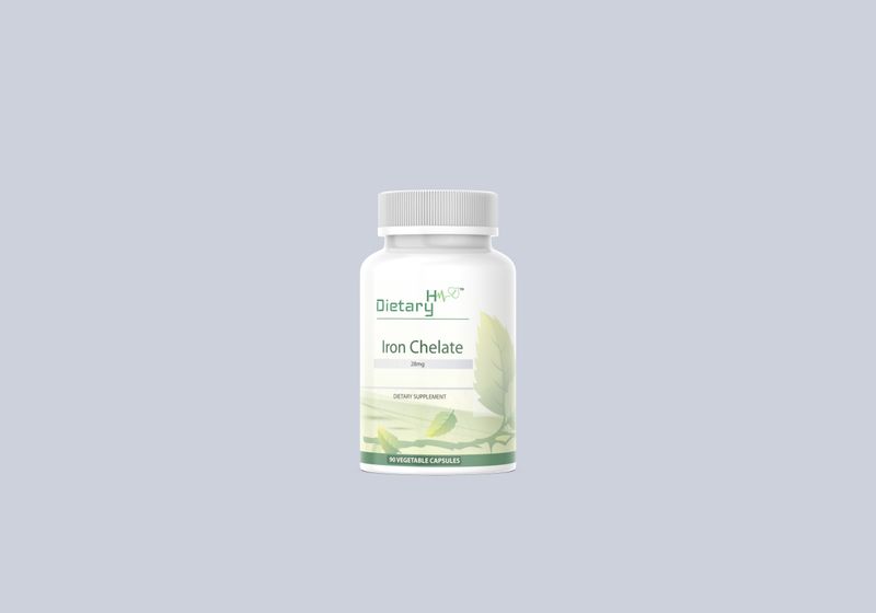 White bottle of &quot;Iron Chelate&quot; dietary supplement, featuring green leaf designs and labeled with dosage information on a light gray background. Dietary H™ brand.