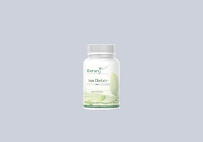 White bottle of &quot;Iron Chelate&quot; dietary supplement, featuring green leaf designs and labeled with dosage information on a light gray background. Dietary H™ brand.