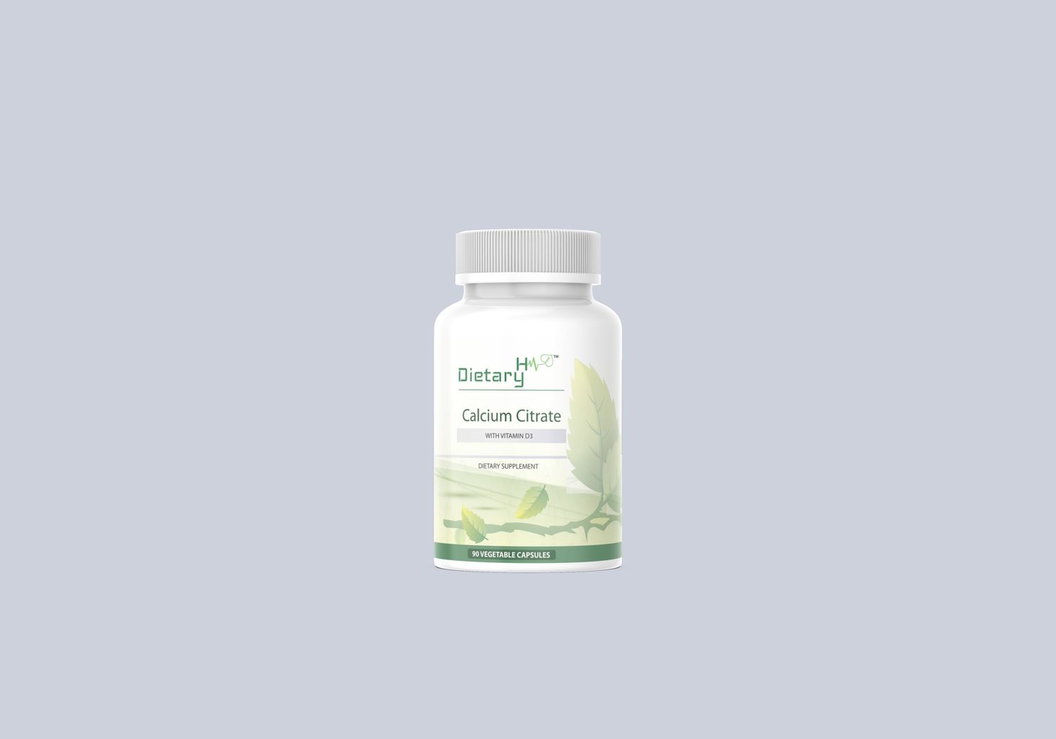 Dietary H™ white bottle labeled &quot;Calcium Citrate with Vitamin D3,&quot; containing 90 vegetable capsules, set against a light gray background.