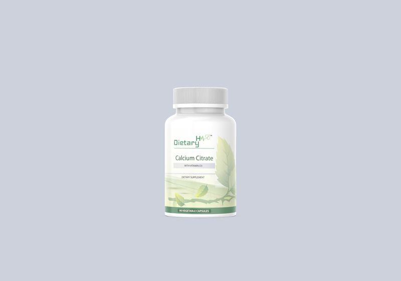 Dietary H™ white bottle labeled &quot;Calcium Citrate with Vitamin D3,&quot; containing 90 vegetable capsules, set against a light gray background.