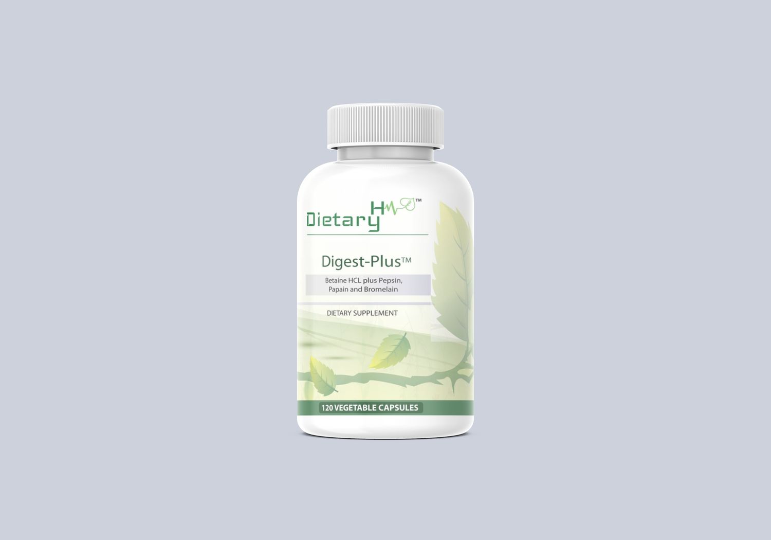 A white bottle of Digest-Plus dietary supplement featuring leafy designs, containing 120 vegetable capsules for digestion support. By Dietary H™