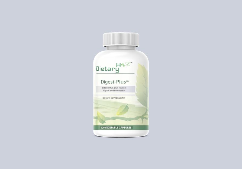 A white bottle of Digest-Plus dietary supplement featuring leafy designs, containing 120 vegetable capsules for digestion support. By Dietary H™