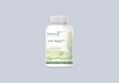 Bottle of Liver Aegis™ by Dietary H™ dietary supplement, containing 120 vegetable capsules, displayed against a light gray background.