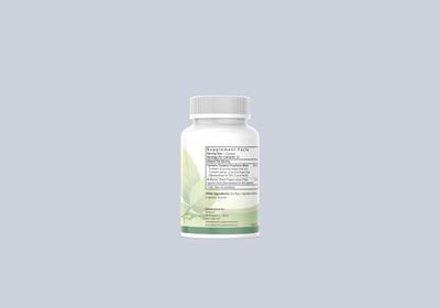 A white supplement bottle with a gray lid, featuring a green leaf design and a detailed label listing ingredients and serving facts. By Dietary H™