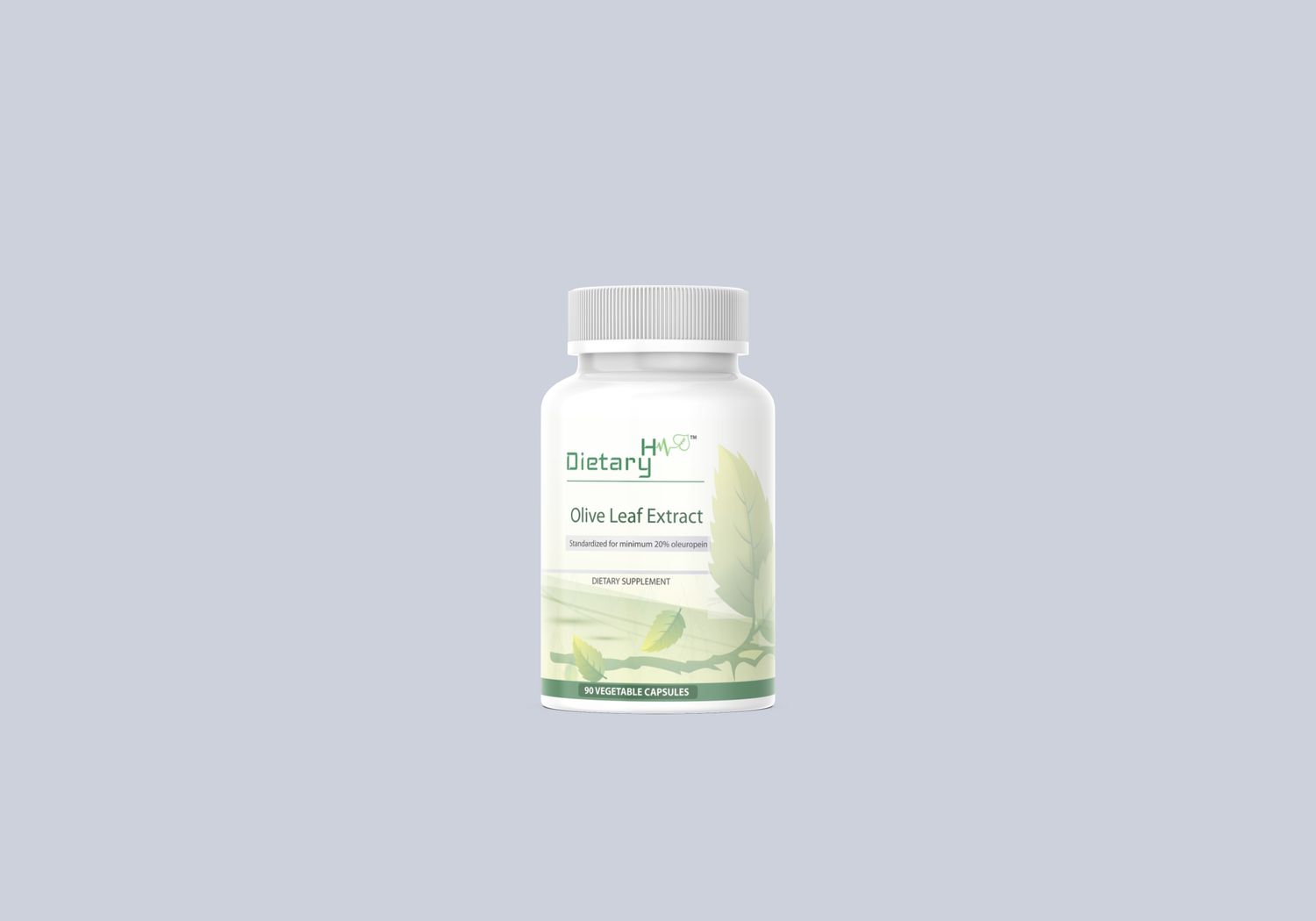 White bottle of Dietary H™ Olive Leaf Extract dietary supplement, featuring green leaf graphics and labeled for 90 vegetable capsules.