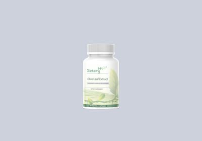 White bottle of Dietary H™ Olive Leaf Extract dietary supplement, featuring green leaf graphics and labeled for 90 vegetable capsules.