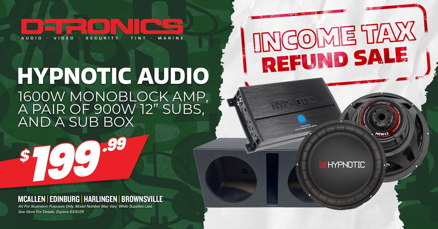 HYPNOTIC AUDIO - 1600W MONOBLOCK AMP, A PAIR OF 900W 12" SUBS AND A SUB BOX