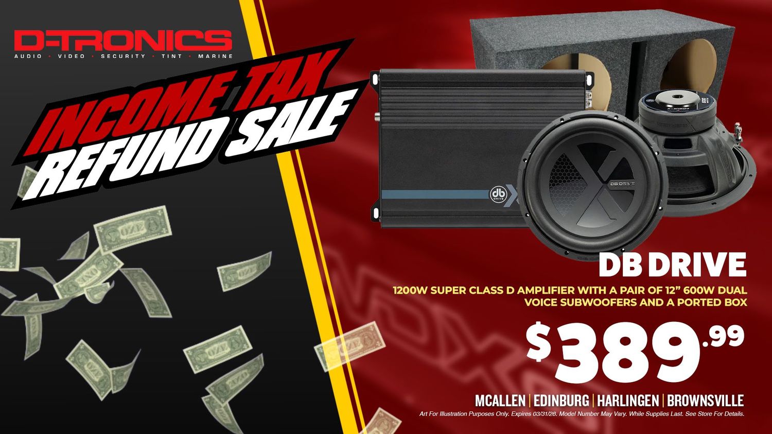 DB DRIVE - 1200W SUPER CLASS D AMPLIFIER WITH A PAIR OF 12" 600W DUAL VOICE SUBWOOFERS AND A PORTED BOX