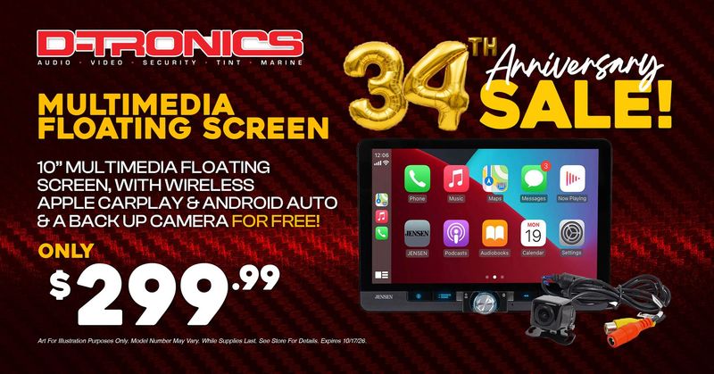 MULTIMEDIA FLOATING SCREEN - 10" MULTIMEDIA FLOATING SCREEN WITH WIRELESS APPLE CARPLAY AND ANDROID AUTO, AND A BACK UP CAMERA FOR FREE