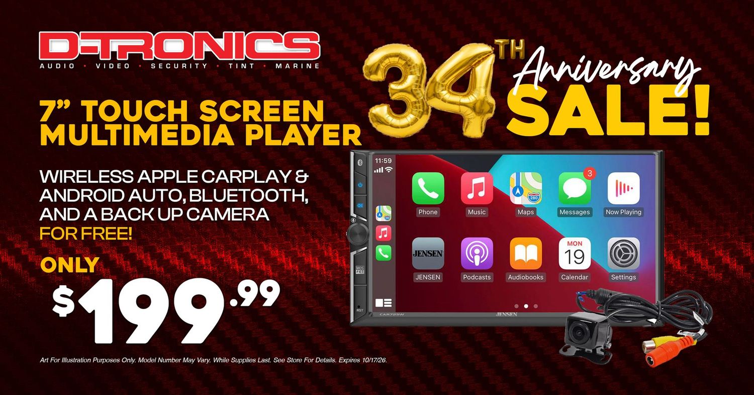 7" TOUCH SCREEN MULTIMEDIA PLAYER - WIRELESS APPLE CARPLAY AND ANDROID AUTO, BLUETOOTH, AND A BACKUP CAMERA FOR FREE