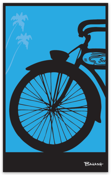 SCHWINN AUTOCYCLE . FRONT END . PALMS . SKY BLUE | RECTANGULAR STICKER, Size: 4x2.5