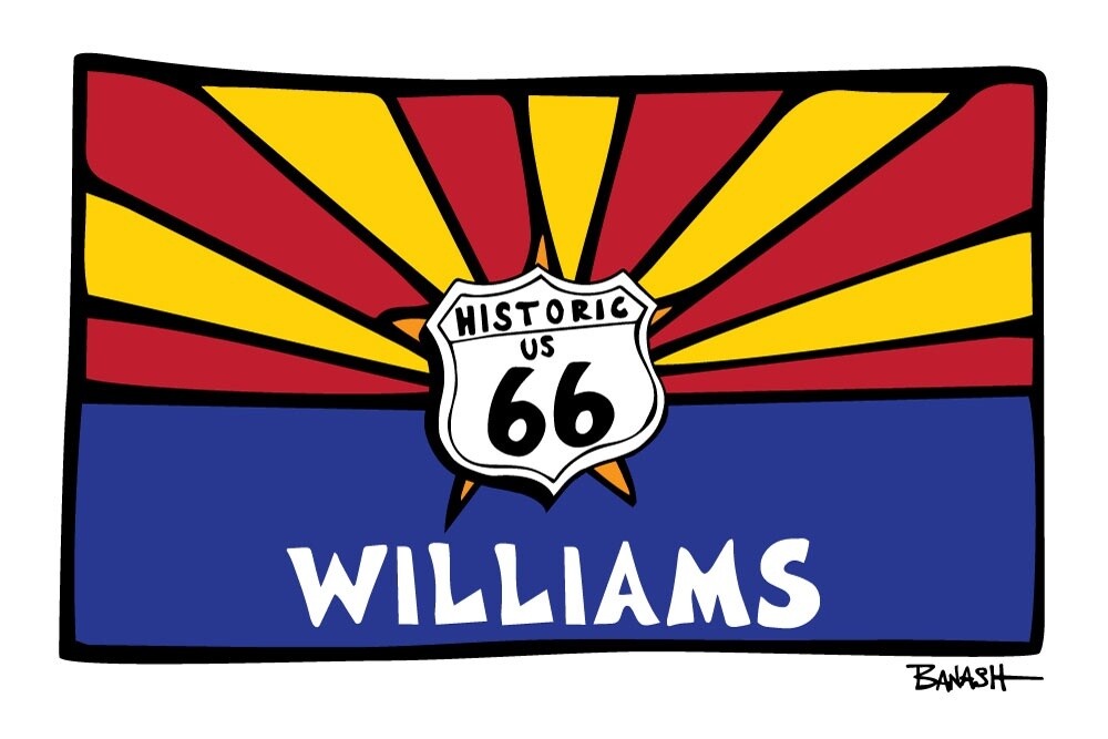ARIZONA FLAG . WILLIAMS. ROUTE 66 SIGN | CANVAS | ILLUSTRATION | 2:3 RATIO
