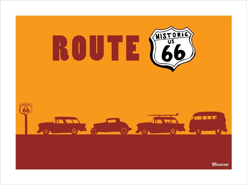 ROUTE 66 HIGHWAY SIGNS . ROW OF HOT RODS | CANVAS | ILLUSTRATION | 3:4 RATIO