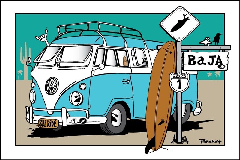 BAJA SURF XING . SURF BUS LONGBOARD | CANVAS | ILLUSTRATION | 2:3 RATIO