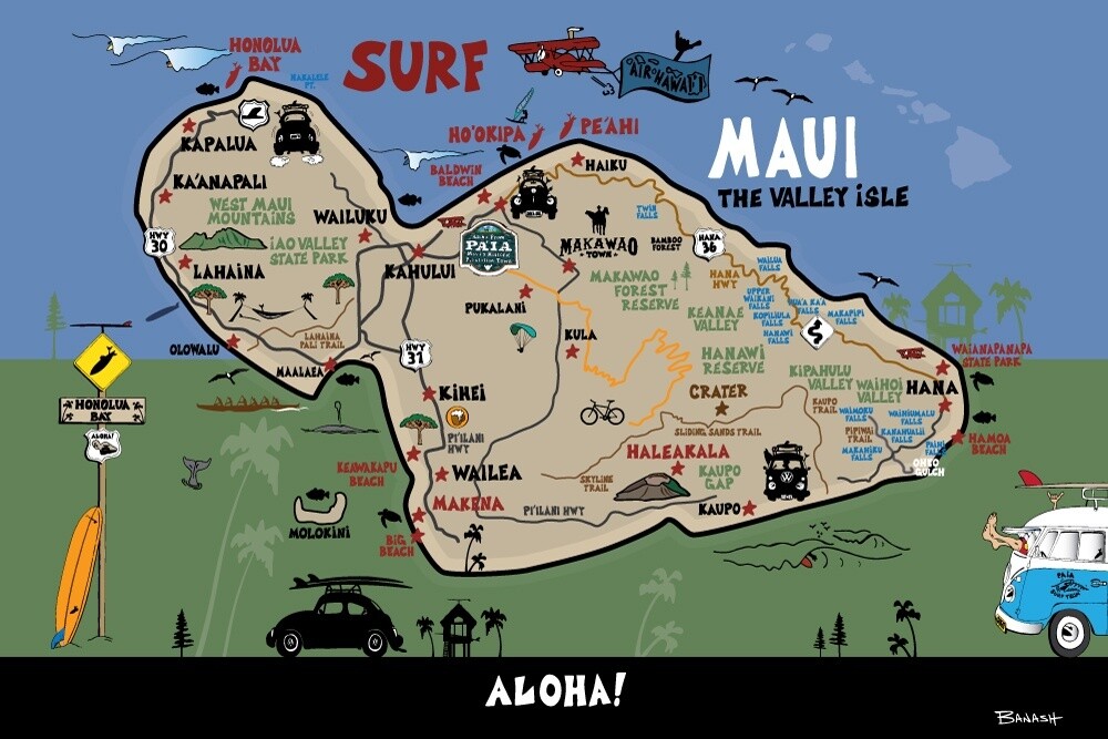 HAWAIIAN ISLANDS MAP | MAUI VALLEY ISLE | CANVAS | ILLUSTRATION | 2:3 RATIO
