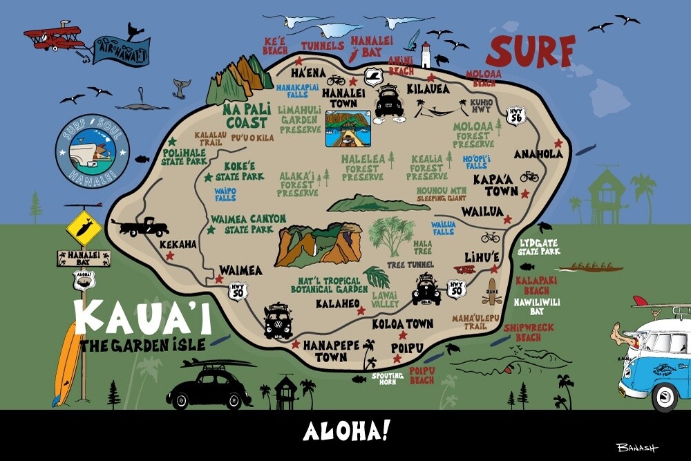 HAWAIIAN ISLANDS MAP | KAUAI GARDEN ISLE | LOOSE PRINT | ILLUSTRATION | 2:3 RATIO