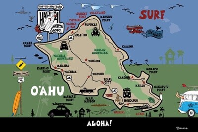 HAWAIIAN ISLANDS MAP | OAHU NORTH SHORE ISLE | CANVAS | ILLUSTRATION | 2:3 RATIO