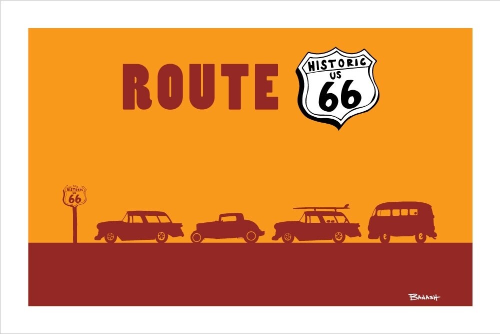 ROW OF HOTRODS . HISTORIC ROUTE 66 SIGN | LOOSE PRINT | ILLUSTRATION | 2:3 RATIO