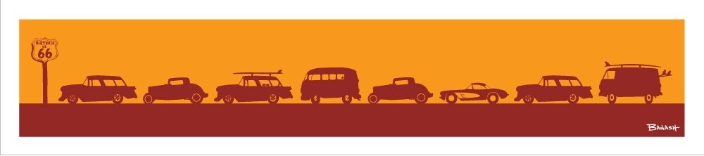 ROUTE 66 . ROW OF HOTRODS | CANVAS | ILLUSTRATION | CUSTOM SIZE