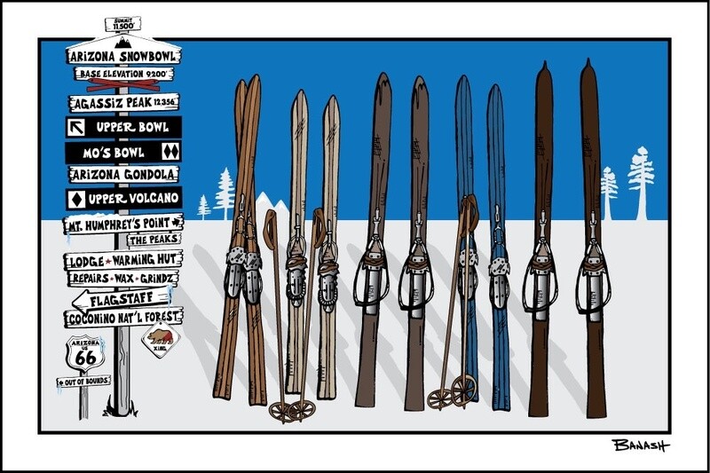 ARIZONA SNOWBOWL SIGN POST . VINTAGE SKIIS &amp; POLES | LOOSE PRINT | ILLUSTRATION | 2:3 RATIO
