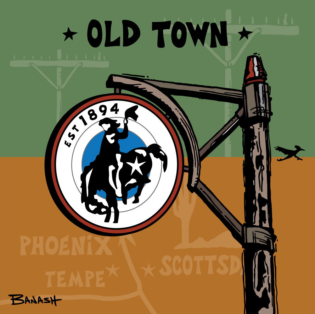 OLD TOWN SCOTTSDALE ROUND SIGN POST | LOOSE PRINT | ILLUSTRATION | 1:1 RATIO, Size: 6x6