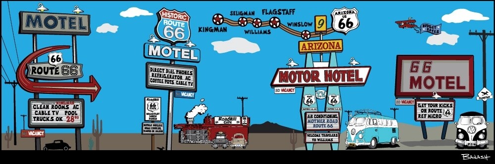 ARIZONA ROUTE 66 . PITSTOPS &amp; SIGN POSTS . PANORAMIC | LOOSE PRINT | ILLUSTRATION | 1:3 RATIO