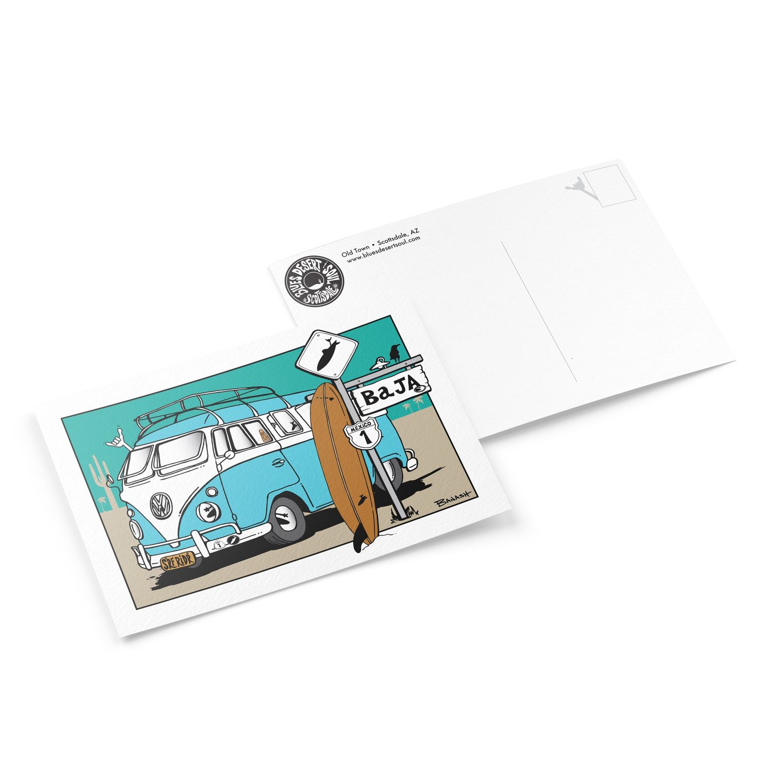 BAJA SURF XING . SURF BUS . LONGBOARD | 6&quot; x 9&quot; POSTCARD
