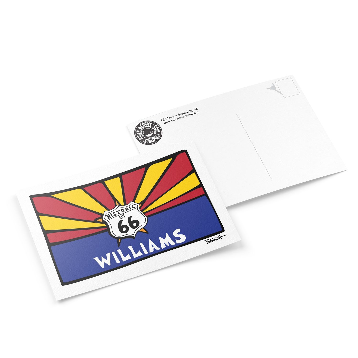 ARIZONA STATE FLAG . WILLIAMS . ROUTE 66 SHIELD| 6&quot; x 9&quot; POSTCARD