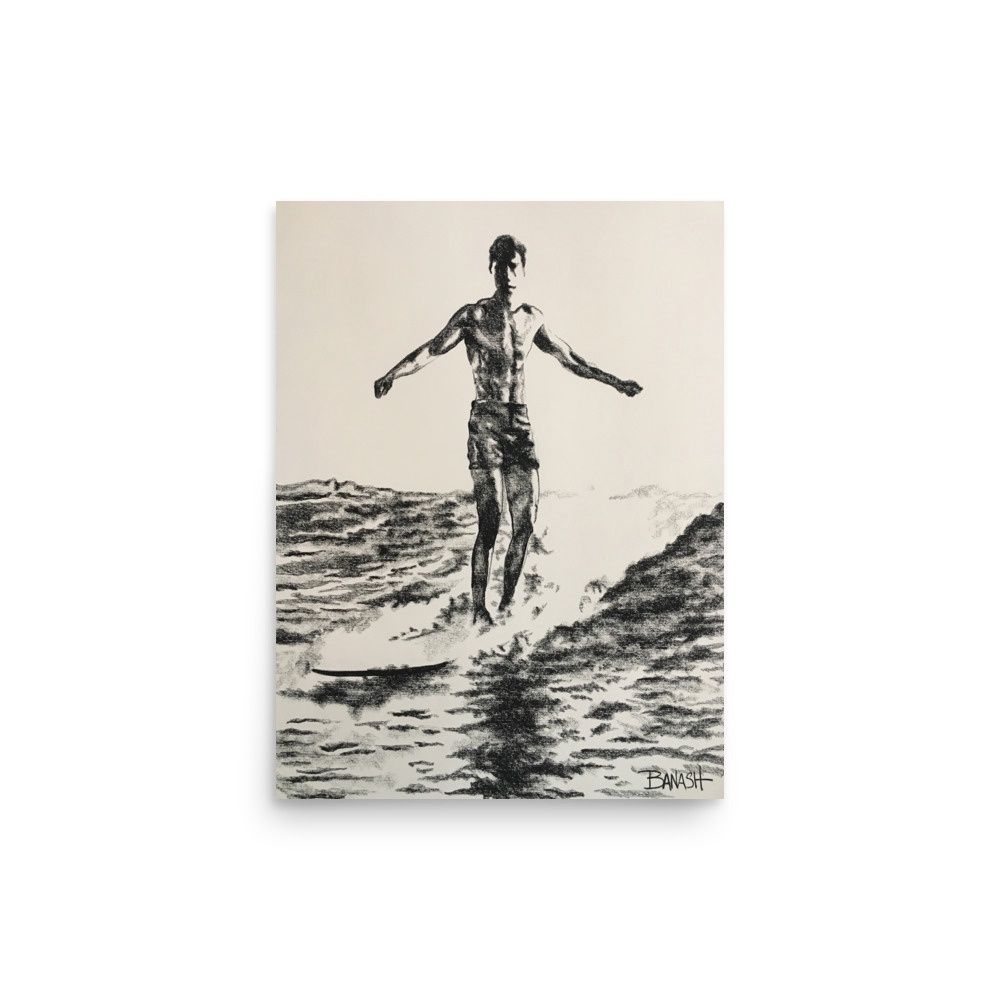 WAIKIKI BEACH RIDER | POSTER PRINT | CHARCOAL | PIONEERS OF SURF | 3:4 RATIO